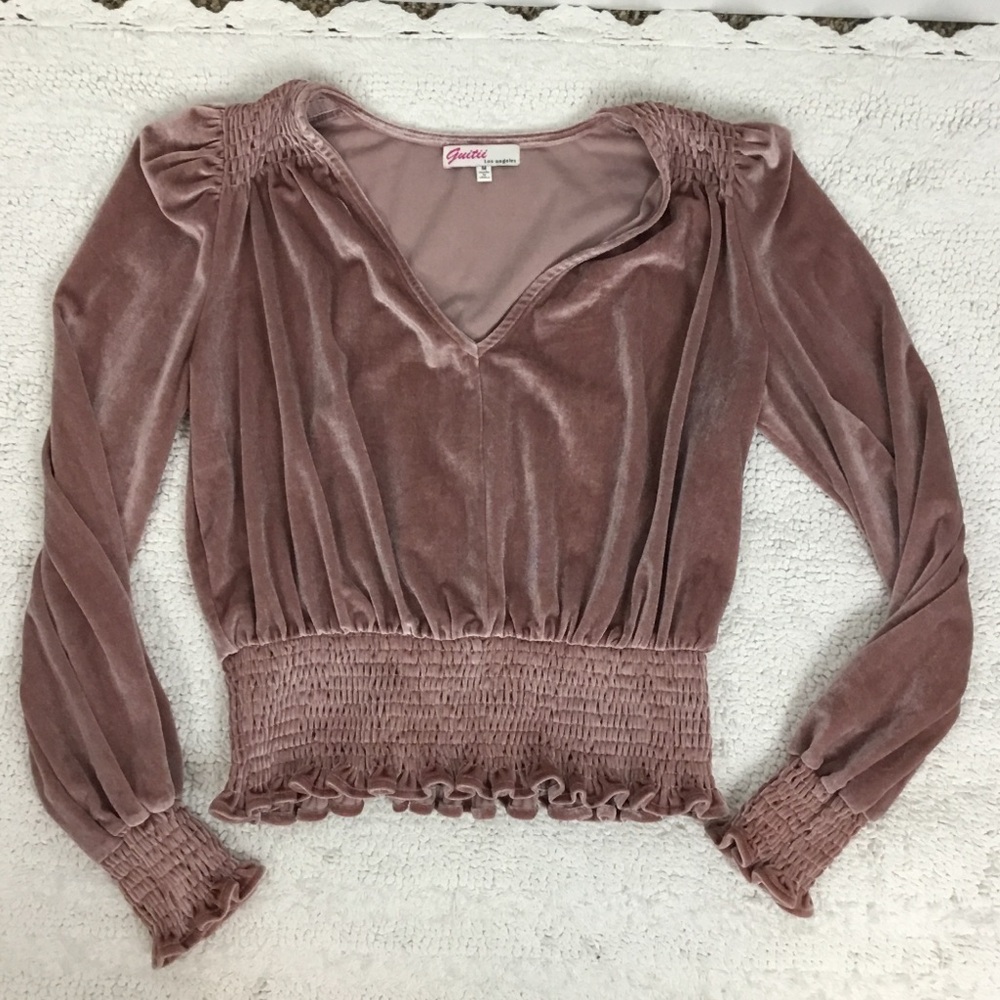 Romantic Guitii Smocked Mauve Long Sleeve RUFFLE Crushed Velvet Blouse M